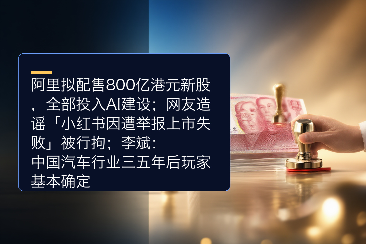 阿里拟配售800亿港元新股，全部投入AI建设；网友造谣「小红书因遭举报上市失败」被行拘；李斌：中国汽车行业三五年后玩家基 - 1